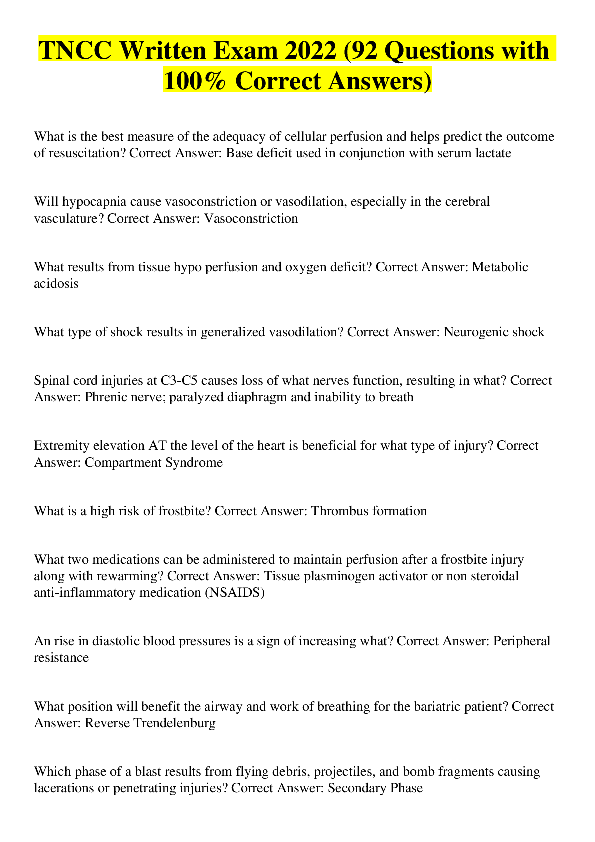 Preview image for TNCC Written Exam 2022 (92 Questions with 100% Correct Answers)